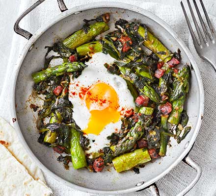 Spicy asparagus & chorizo baked egg - BBC Good Food Middle East