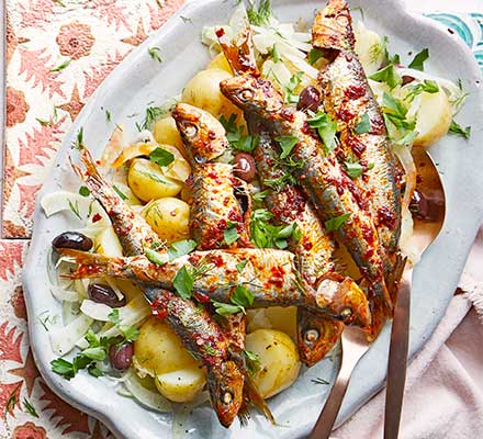Grilled harissa sardines with fennel & potato salad - Good Food Middle East