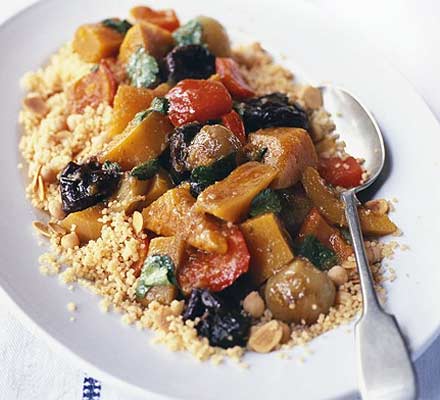 Vegetable tagine with almond & chickpea couscous - BBC Good Food Middle ...