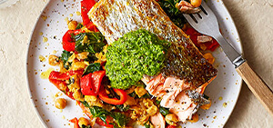 Salsa verde salmon with smashed chickpea salad