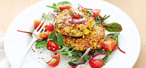 Cheesy bean & sweetcorn cakes with quick salsa