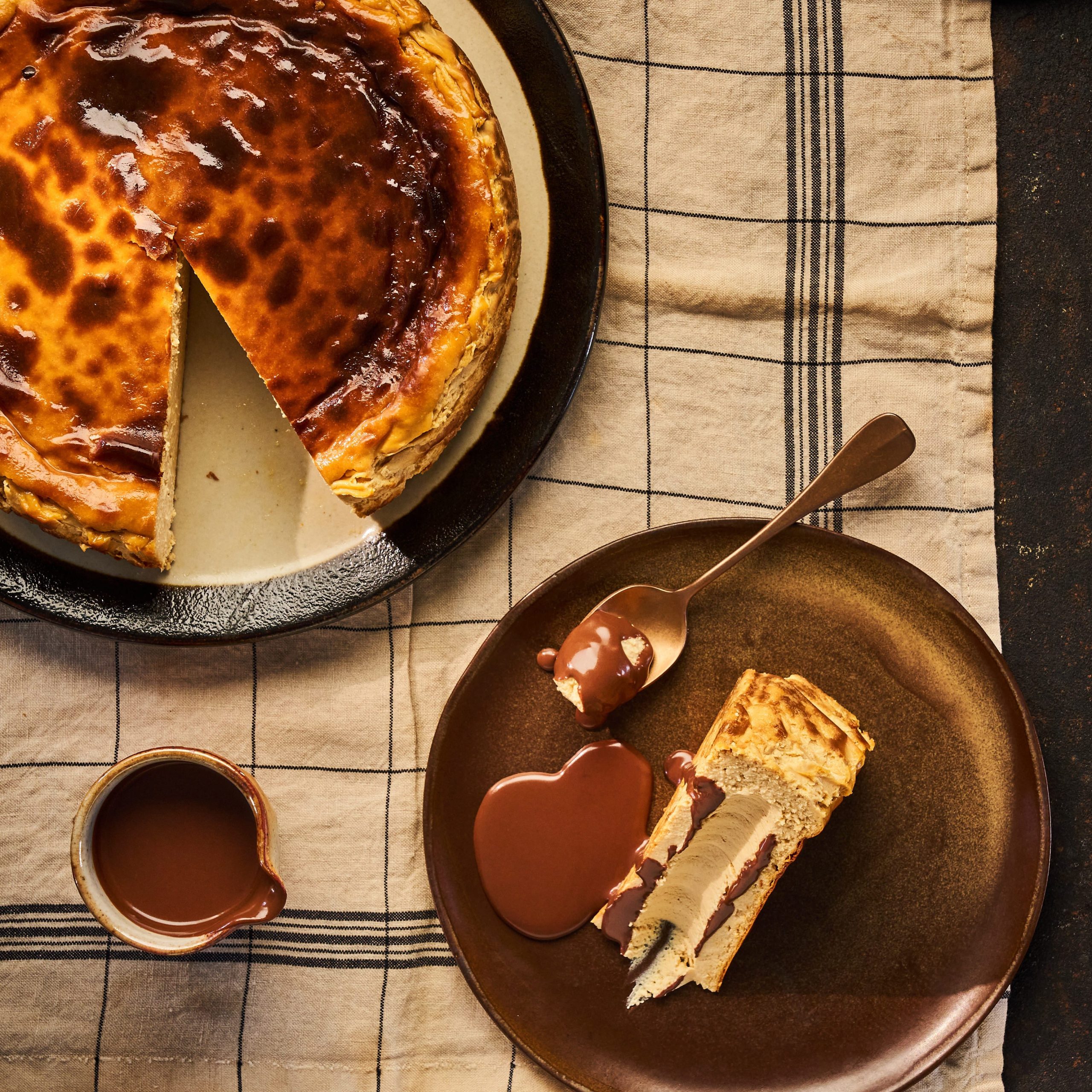 Salted caramel burnt Basque cheesecake with chocolate sauce